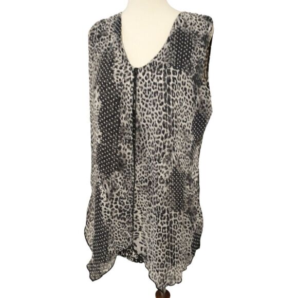 Adele May Top Large Blouse Sleeveless Animal Print Flowy Sheer Mixed Media Tunic - Picture 9 of 16